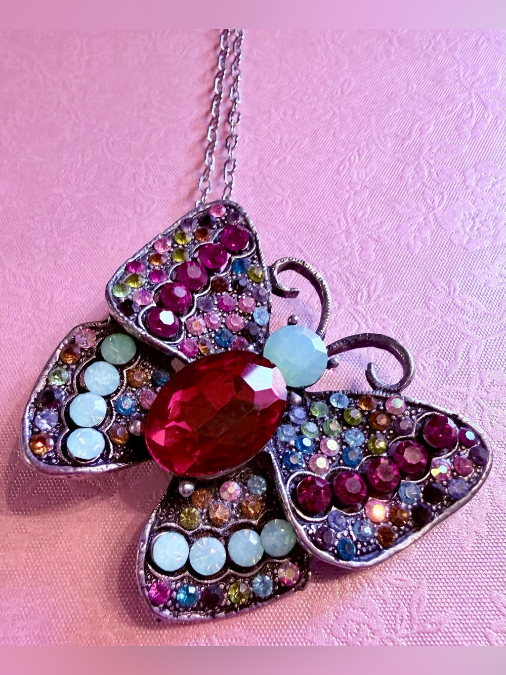 Multicolor Crystal Butterfly Necklace with Red Center